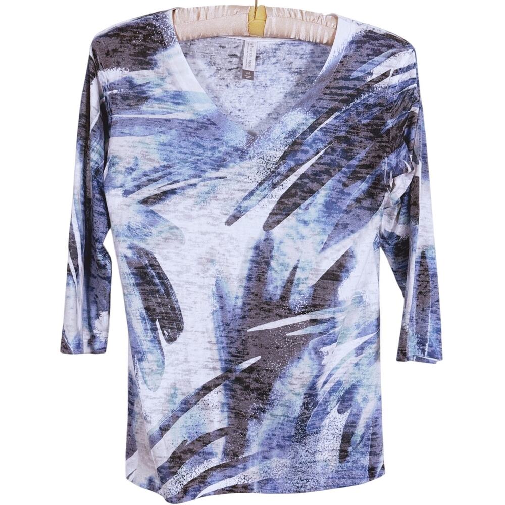 Whimsy Rose Buttersoft 3/4 Sleeve Top Size Medium Blue Brush Strokes Boho Indie